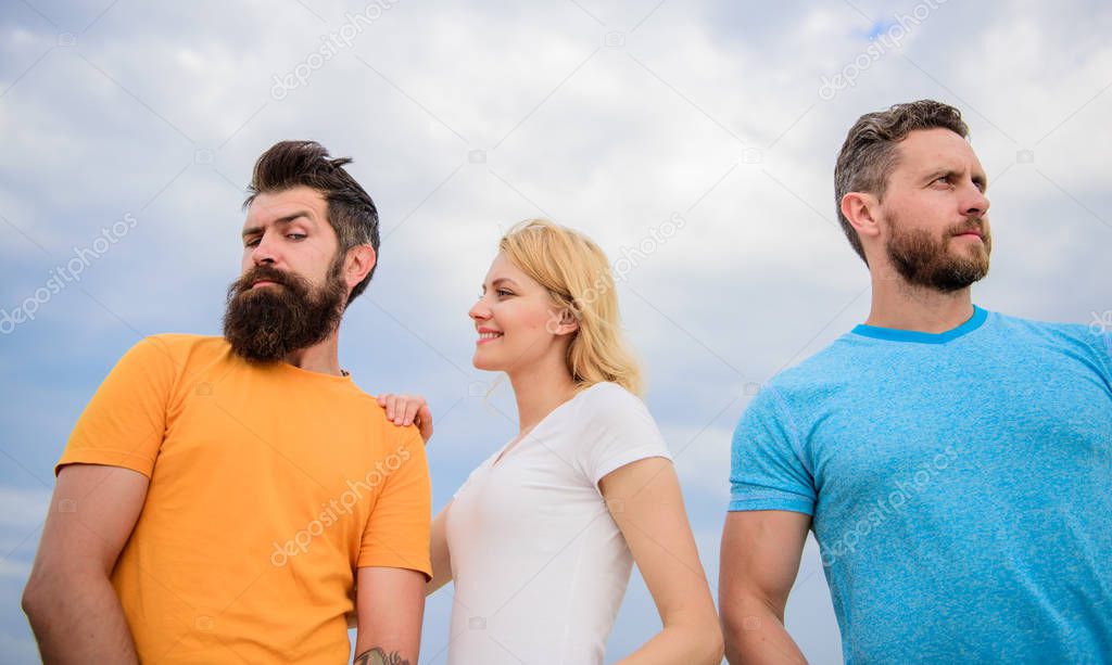 She made her choice. Girl decided with whom dating. Start romantic relationships. Girl stand between two men. Woman picked boyfriend. Love as competition concept. Couple and rejected partner