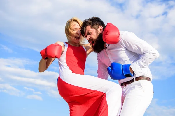 Pursue course of self defence. Attack is best defence. Defend your opinion in confrontation. Man and woman fight boxing gloves sky background. Female attack. Take course to be confident in safety