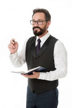 Yapılacaklar listesi için. İş zamanlama Not defteri ile planlama iş adamı. Zaman yönetimi ve beceri düzenleme. Sakallı adam Yöneticisi planı oluşturun. İzole beyaz planlama başarılı bir iş adamı. Görevler listesi