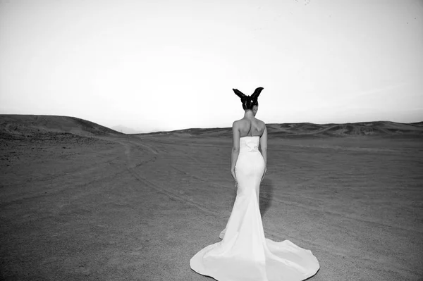 Donna in abito da sposa nel deserto. Donna sensuale con i capelli castani. Sposa in abito bianco sul cielo del tramonto, vista posteriore. Modella in dune di sabbia. Bellezza ragazza con look glamour — Foto Stock