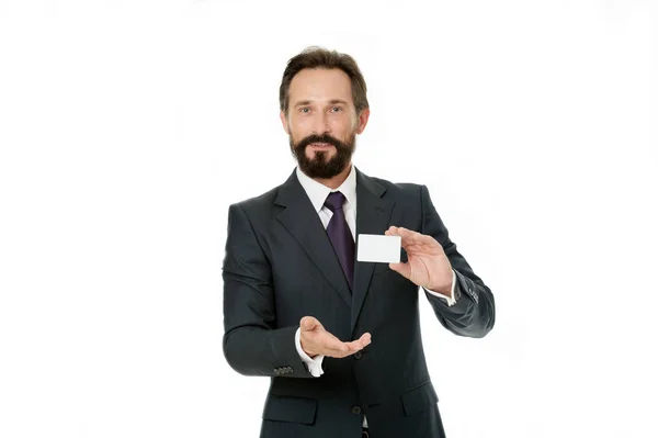 Businessman carries business card. Feel free to call me anytime. Businessman hold plastic blank white card copy space. Call this number. Contact for cooperation. Man offer phone support line — Stock Photo, Image