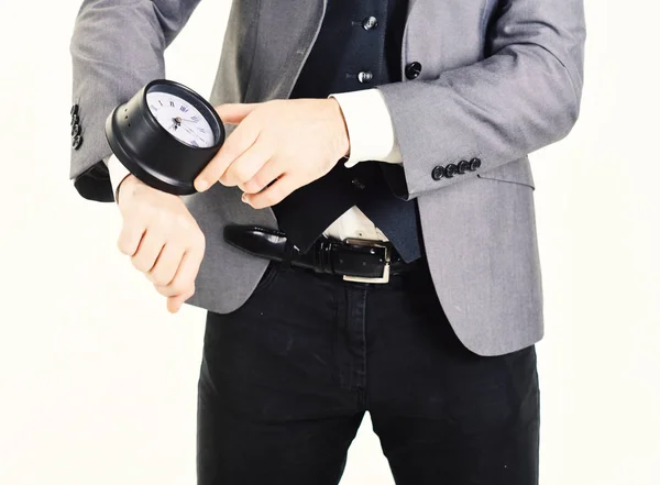 Male hand holds stopwatch. Man wears elegant suit with stopwatch — Stock Photo, Image