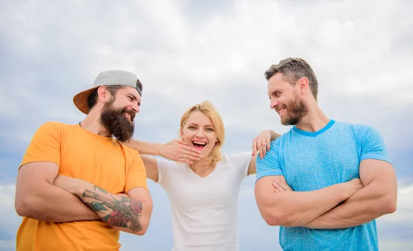 Shoulder on which you can rely. Feel comfortable with friends teammates. Trust and support attributes of true team. United by idea. Woman and men look confident while stay close each other like team — Stock Photo, Image