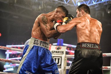 Kiev, Ukrayna - 16 Eylül 2017: Sparta boks Haritayı dahil altı sıralaması mücadele. Milli Güvenlik'Olimpiyskiy, Kiev, Ukrayna sıralaması için kavga sırasında halka tanımlanamayan bir boksörler