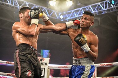 Kiev, Ukrayna - 16 Eylül 2017: Sparta boks Haritayı dahil altı sıralaması mücadele. Milli Güvenlik'Olimpiyskiy, Kiev, Ukrayna sıralaması için kavga sırasında halka tanımlanamayan bir boksörler