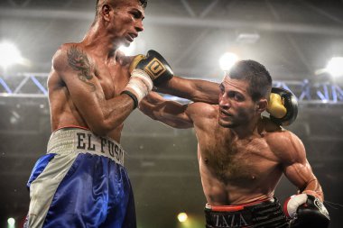 Kiev, Ukrayna - 16 Eylül 2017: Sparta boks Haritayı dahil altı sıralaması mücadele. Milli Güvenlik'Olimpiyskiy, Kiev, Ukrayna sıralaması için kavga sırasında halka tanımlanamayan bir boksörler