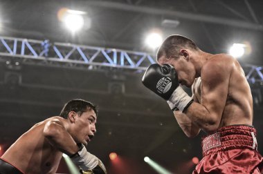 Kiev, Ukrayna - 16 Eylül 2017: Sparta boks Haritayı dahil altı sıralaması mücadele. Milli Güvenlik'Olimpiyskiy, Kiev, Ukrayna sıralaması için kavga sırasında halka tanımlanamayan bir boksörler