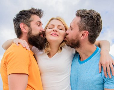 Ultimate guide avoiding friend zone. Everything you should know avoid friend zone start dating. She likes male attention. Girl hugs with two guys. Friendly relationships. Men kiss same girl in cheeks clipart