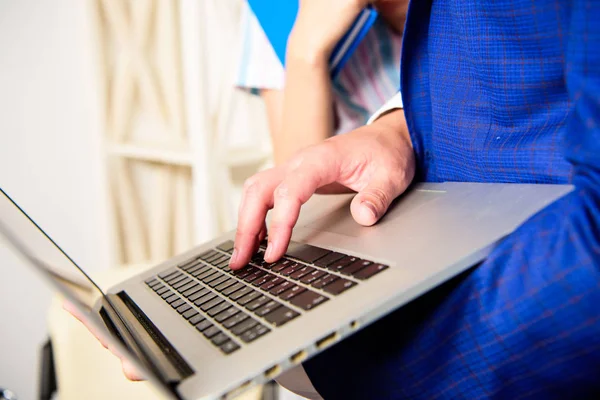 Looking for information online. Male hands typing laptop keyboard. Businessman work on research. Modern technologies. Access to data base. Internet surfing concept. Search information online — Stock Photo, Image