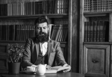 Kütüphane, okuma, kitap, sigorta primi çay, mutlu, başarı kavramı.