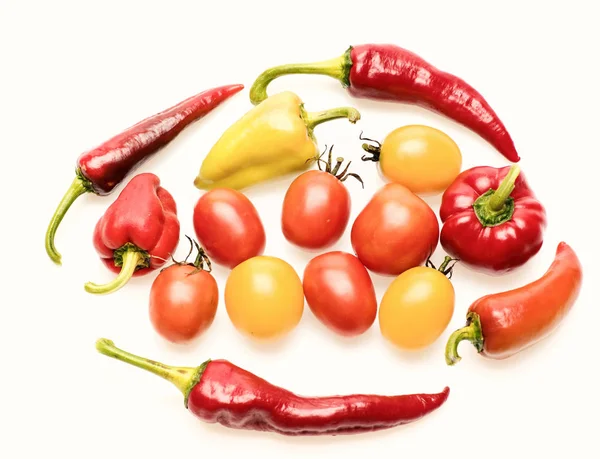 Tomato berries and peppers in close up. Summer harvest vegetables — Stock Photo, Image