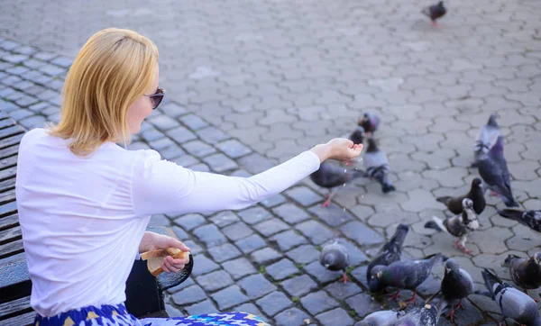 Mädchen füttert Taubenvögel städtischen Hintergrund. Mädchen blonde Frau entspannen Stadtplatz und Tauben füttern. Touristinnen oder Bürger werfen Krümel für Tauben. Taubengruppe wartet auf Stadtplatz auf Leckereien — Stockfoto