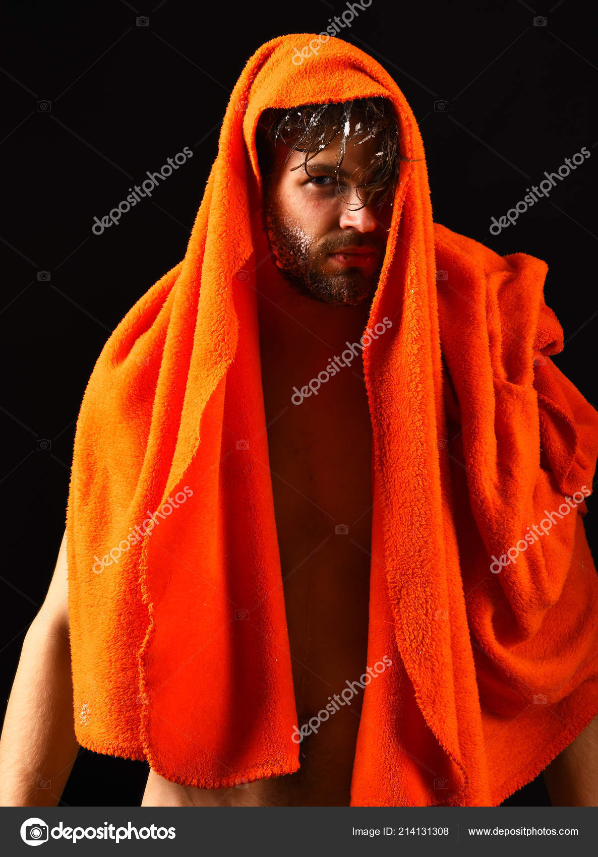 Man Bearded Tousled Hair Covered With Foam Soap Suds Macho