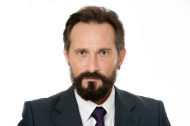 Ciddi iş adamı. İş adamı iş sorunu üzerinde düşünüyorum. Sakallı adam ciddi bir yüz. Çözüm değil sorun olabilir. Düşünüyorum, düşünüyorum ve elde