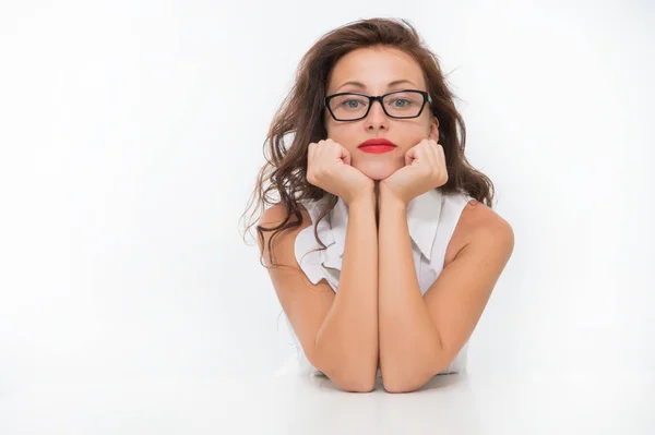 Lazy school girl isolated on white. sexy businesslady bored at work office, copy space. tired of waiting. so boring business. wish i have more free time. smart school girl in glasses with red lips — Stock Photo, Image