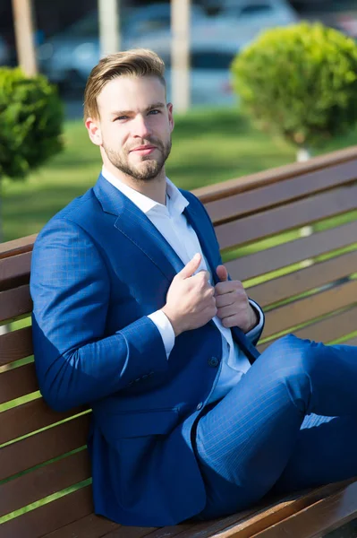 Take minute to refresh thoughts. Man in business suit relax sit bench in park. Businessman formal clothing boss or manager need time to relax. Pleasant moments of entrepreneurship