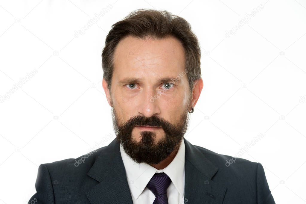 Serious business man. Businessman think on business problem. Bearded man with serious face. Be the solution not the problem. Think, believe and achieve