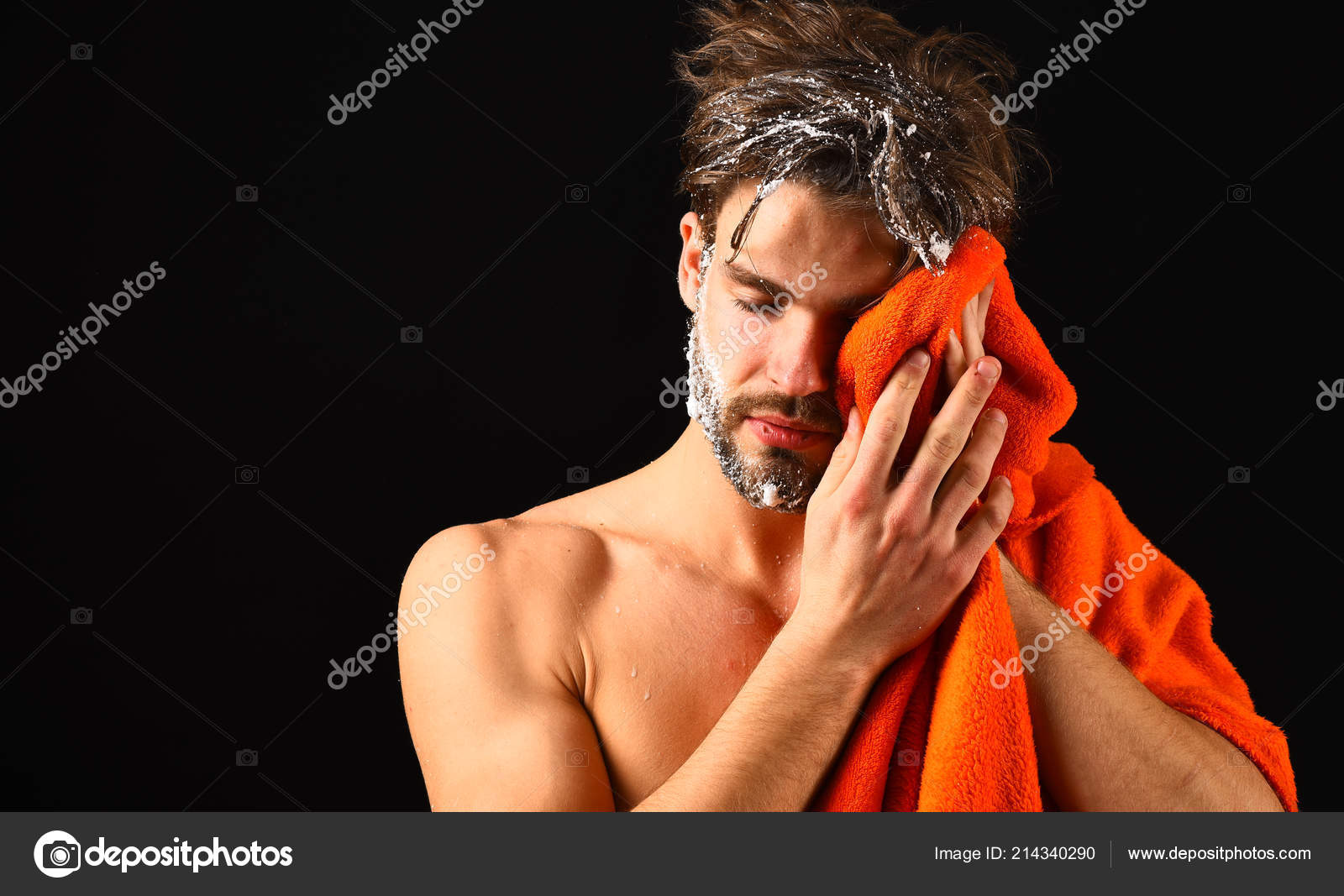 Macho Attractive Nude Guy Black Background Man Bearded Tousled