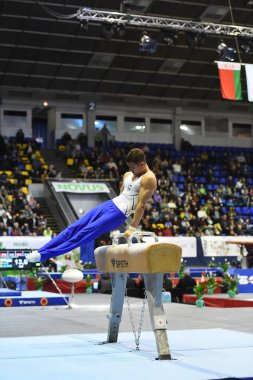 Kiev. Ukrayna-Nisan 1, 2017: Stella Zakharova artistik jimnastik Ukrayna Uluslararası Kupası sırasında kulplu beygir üzerinde performans erkek jimnastikçi