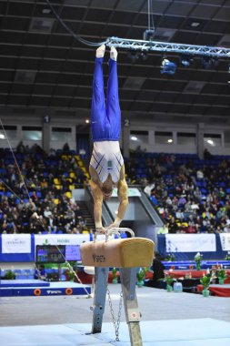 Kiev. Ukrayna-Nisan 1, 2017: Stella Zakharova artistik jimnastik Ukrayna Uluslararası Kupası sırasında kulplu beygir üzerinde performans erkek jimnastikçi