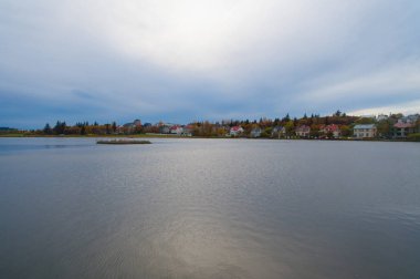 Tjornin gölet harika aileler Reykjavik için popüler hedef yer. Su yüzey su birikintisi İskandinav şehir. Su birikintisi veya lake doğa ortamı hedef. Çok sayıda renkli eski evleri su birikintisi çevrili