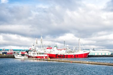 Reykjavik, İzlanda - 13 Ekim 2017: Gemili liman. Gemiyle seyahat et. Deniz limanı terminali. Körfeze açılan kapın olmaktan gurur duyuyorum. Seyahat için herşey