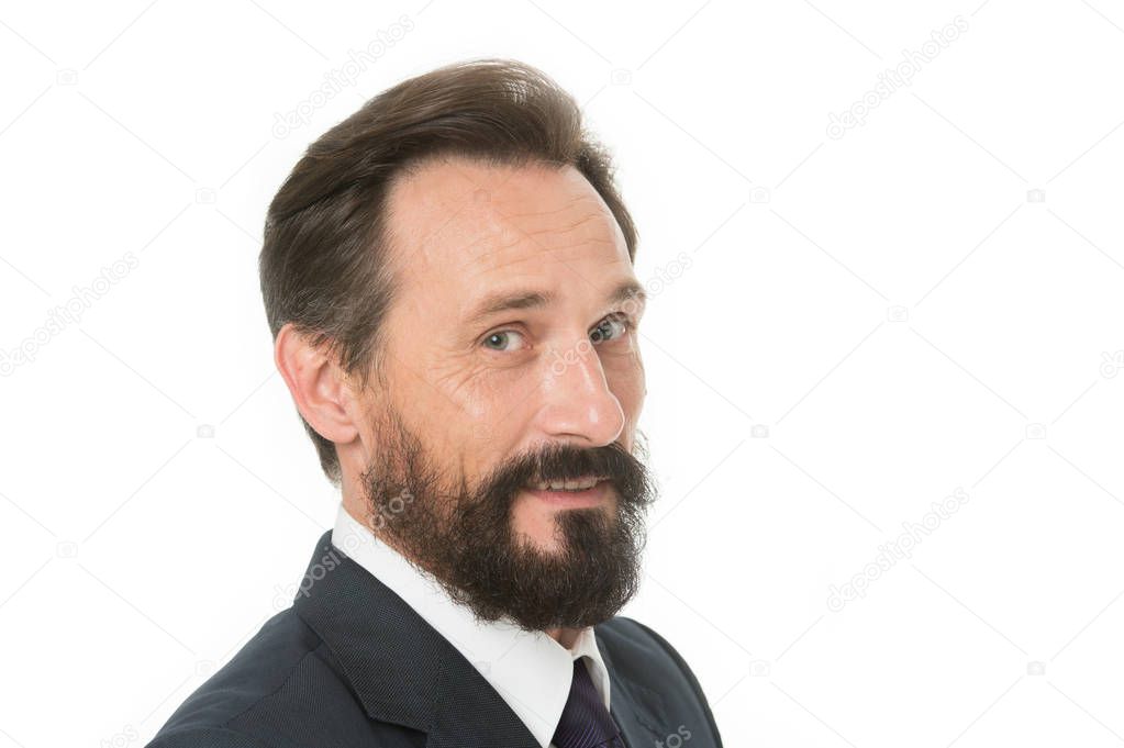 Businessman with beard and mustache. Caucasian man with beard smiling. Bearded man. Unshaven businessman. Bearded and handsome. Confident and successful.