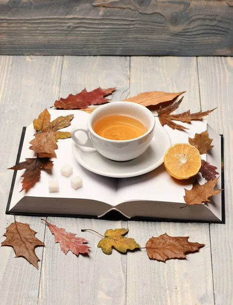 Tea cup on blank book pages and leaves. Hot beverage
