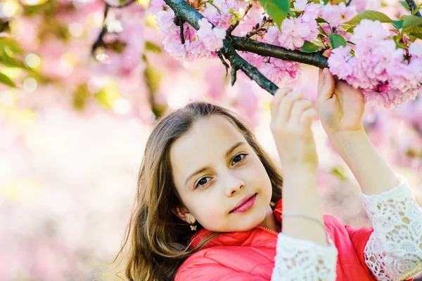 Koncepcja kruchość. Dziewczyna na twarz senny stoi przed sakura kwiaty, rozmyte. Słodkie dzieci cieszyć się przyrodą na dzień wiosny. Dziewczyna z długimi włosami odkryty, Wiśniowy kwiat, na tle — Zdjęcie stockowe