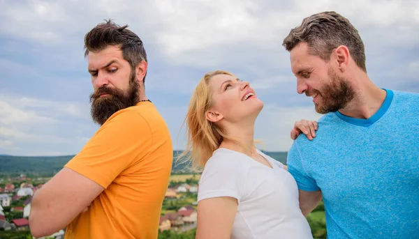 What to do when you feel rejected. Couple and rejected partner. How to get over breakup for guys. Ruined relationships. She made her choice. Woman picked boyfriend. Girl stand between two men — Stock Photo, Image