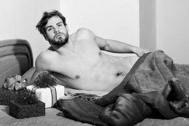 Genç, sakallı, seksi, maço, şık sakallı, kırmızı battaniyenin altında çıplak yatan, hediyeli ya da sevgililer günü hediyeli ve renkli arka planda kaslı, kaslı vücutlu, seksi bir adam.
