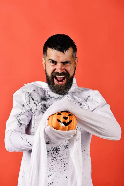 Halloween character in white long sleeved ghost costume — Stock Photo, Image