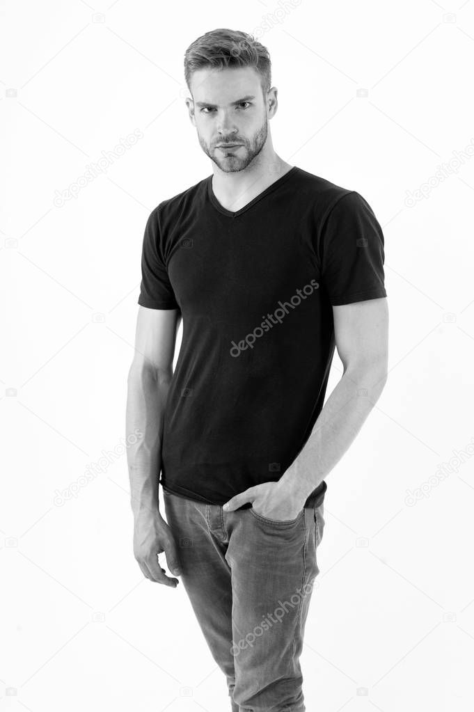 Bearded man with serious look isolated on white. Macho hold hand in pocket. Man in trendy style. fashion for men. Black friday and sale. Casual in style. Handsome and confident