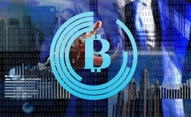 Madencilik kripto para birimi bitcoin. Block 'u çöz ve kar kazan. Engelleme teknolojisi. Madencilik bitcoin. Geleceğin dijital para bitcoin 'i. Adam sanal iş grafikleriyle etkileşime geçiyor. Bitcoin cüzdanı oluştur