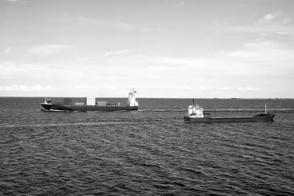 Aken schip cargo containers in zee in Kopenhagen, Denemarken. Vrachtschepen float in blauwe zee op idyllische hemel. Zeevervoer en vervoer. Verzendkosten en verzending. Logistiek — Stockfoto