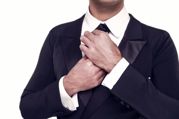 Homem de negócios bonito ou noivo no terno na moda isolado no branco — Fotografia de Stock