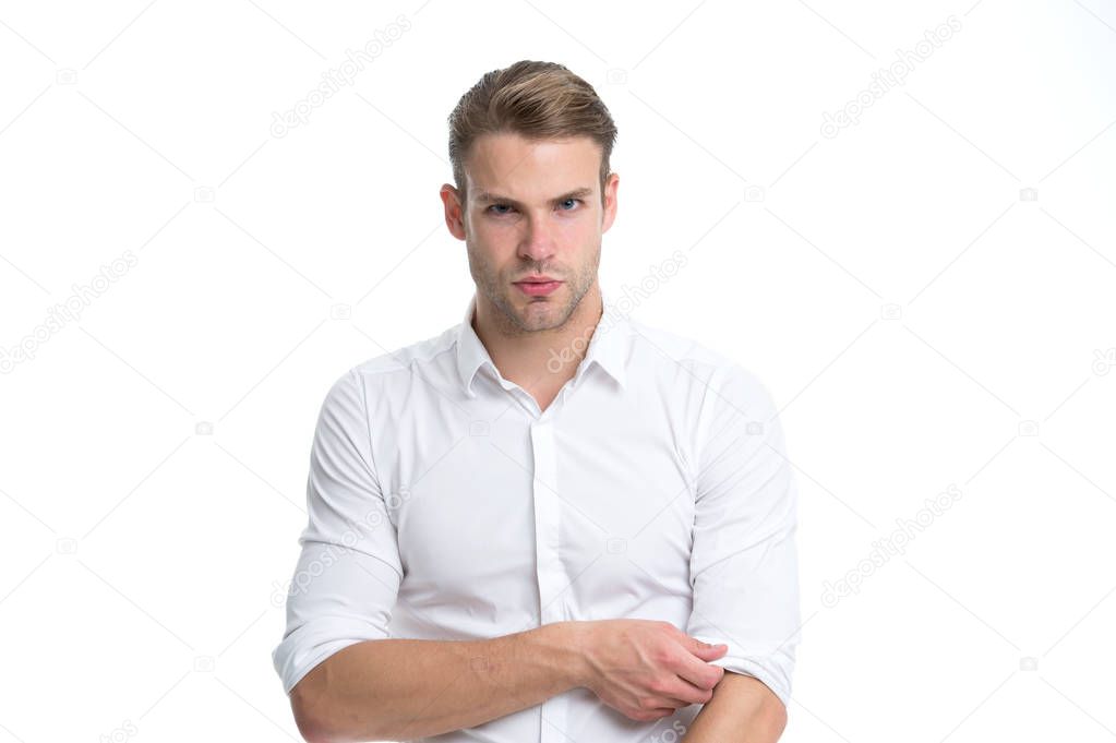 Man well groomed unbuttoned white collar elegant shirt isolated white background. Macho confident ready work office. Guy office worker handsome attractive. Working dress code. White collar worker