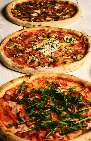 Different pizza set for menu. Take away food with ingredients