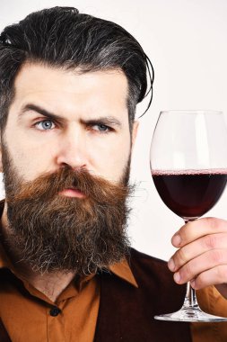 Tepsisi ve kırmızı şarap kadehi olan garson. Sakallı adam