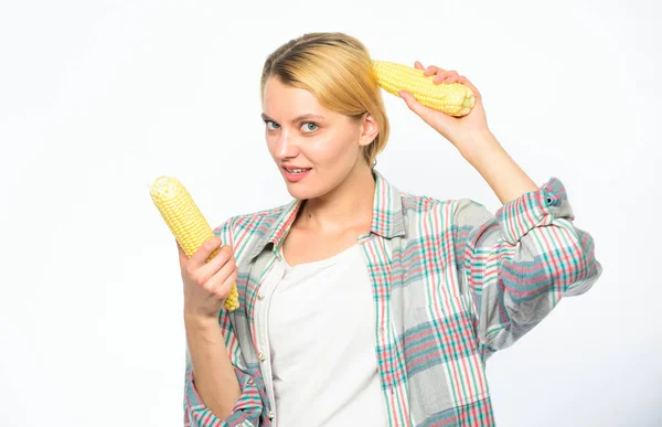 Chica de estilo rústico sostienen maíz maduro. Las chicas practican comer alimentos crudos y sin procesar. Producto vegetariano. Mujer agricultora elige mazorca de maíz amarillo sobre fondo blanco. Información de valor nutricional —  Fotos de Stock