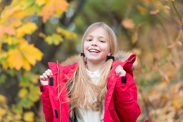 Full of life energy. Kid girl wear coat for autumn season nature background. Child cheerful on fall walk. Warm coat best choice for autumn. Keep body warm clothes autumn days. Autumn outfit concept