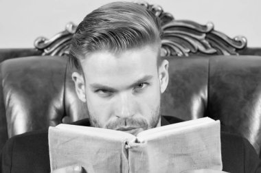 Katı yüz okuma, ders çalışma, kendini geliştirme. İş eğitimi konsepti. Tüylü adam başarılı ve zeki bir girişimci. İş adamı resmi takımı deri koltuğa oturur, gri arka plan