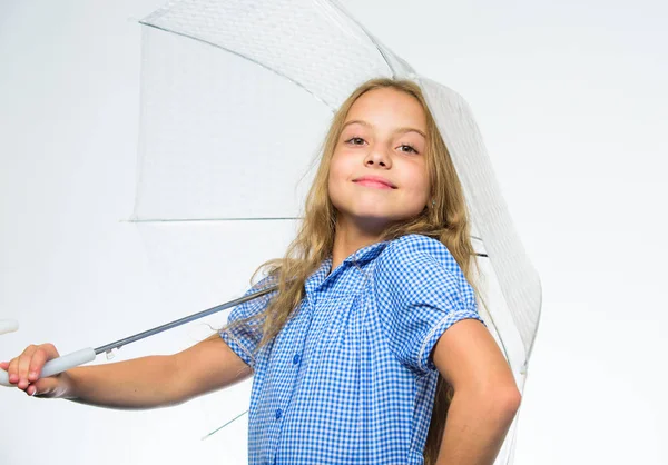 Beste vallen accessoire concept. Val regenachtig aangename weer. Meisje kind klaar ontmoet daling weer met transparante paraplu witte achtergrond. Geniet van de regenachtige dagen met paraplu accessoire. Geniet van val weer — Stockfoto