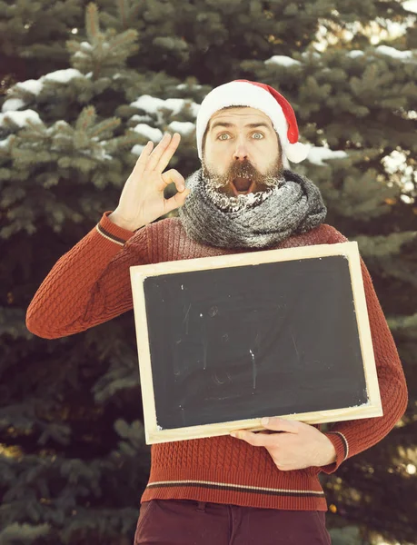 Verrast man in Kerstman hoed, hipster met baard en snor bedekt met white frost, met lege zwarte bord of schoolbord geeft ok gebaar op winterdag op natuurlijke achtergrond, kopie ruimte. — Stockfoto