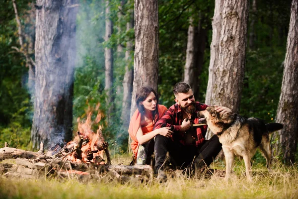 Mujer, hombre y perro de vacaciones, senderismo, camping . — Foto de Stock