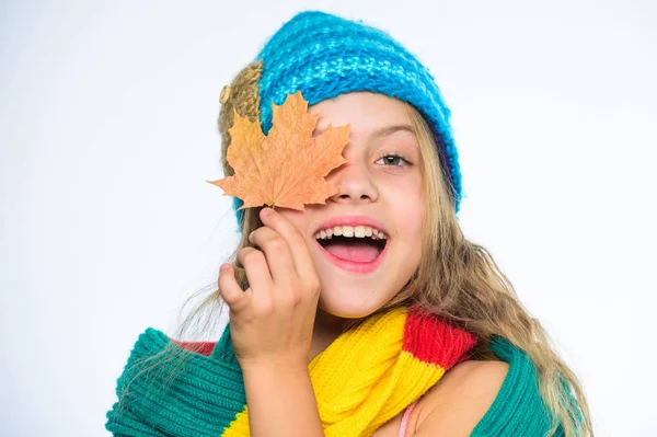 Top autumn beauty tips. Fall skin care tips from dermatologists. Beauty and health concept. Girl cute face wear knitted autumn hat and scarf hold leaf white background. Skin care tips for fall