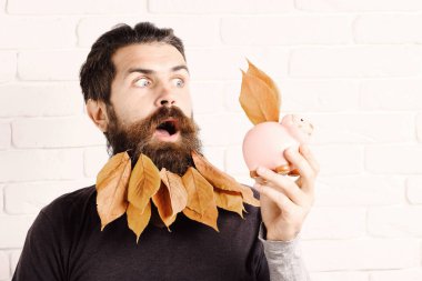 Beyaz tuğla duvar arka plan üzerinde pembe domuz domuz banka ile sürpriz yüzünde uzun sakallı yakışıklı sakallı adam şık bıyık ve sonbahar sarı yaprakları