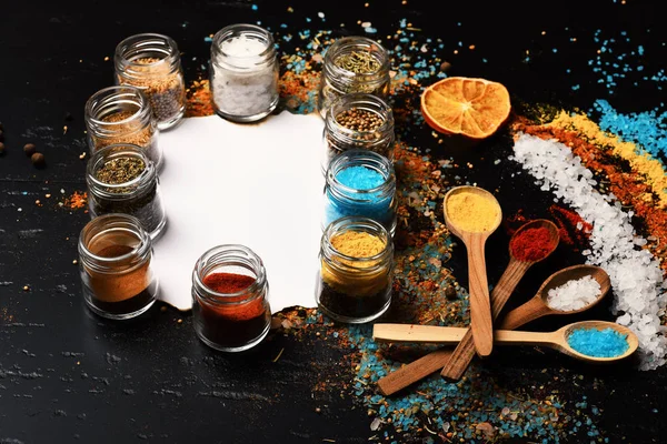 Set of spices on grey background. Food art concept. — Stock Photo, Image