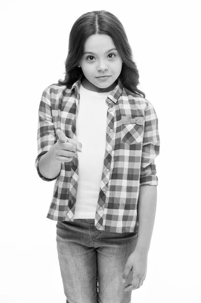 Hey you. Kid girl long curly hair strictly pointing forward. Girl curly hairstyle adorable strict warning face. Child charming casual style isolated white background. Child warning index finger — Stock Photo, Image