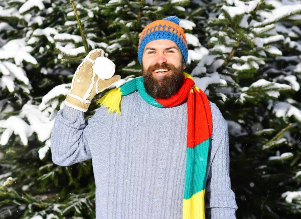 Man with hat, scarf and gloves. Happy winter vacation concept.